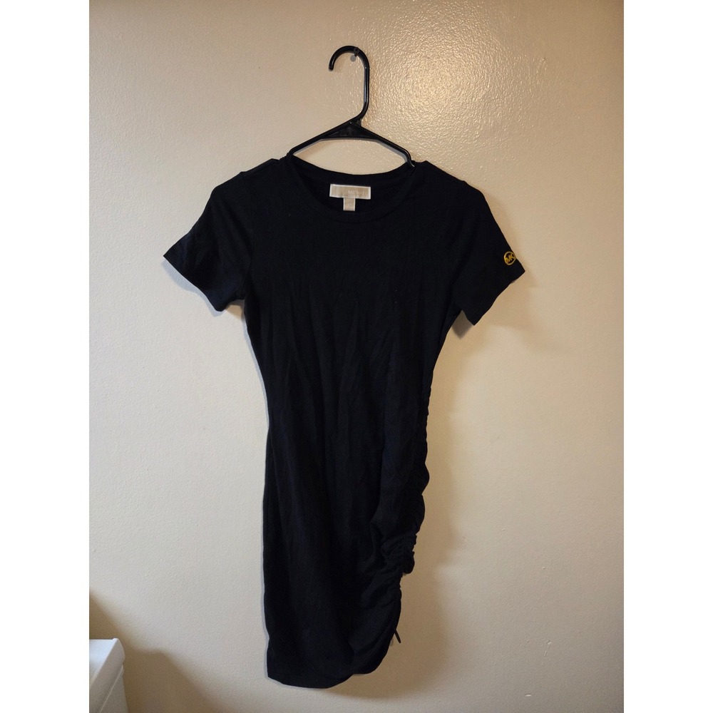 Michael Kors Black Ruched Side T-Shirt Dress Gold Logo XS Short Sleeve Bodycon